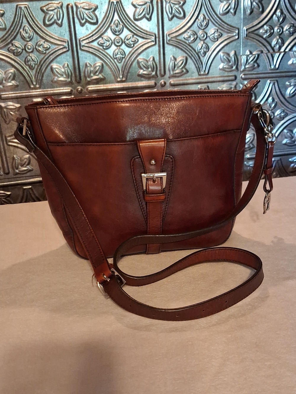 Etienne Aigner Brown Leather Crossbody with Buckle Accent
